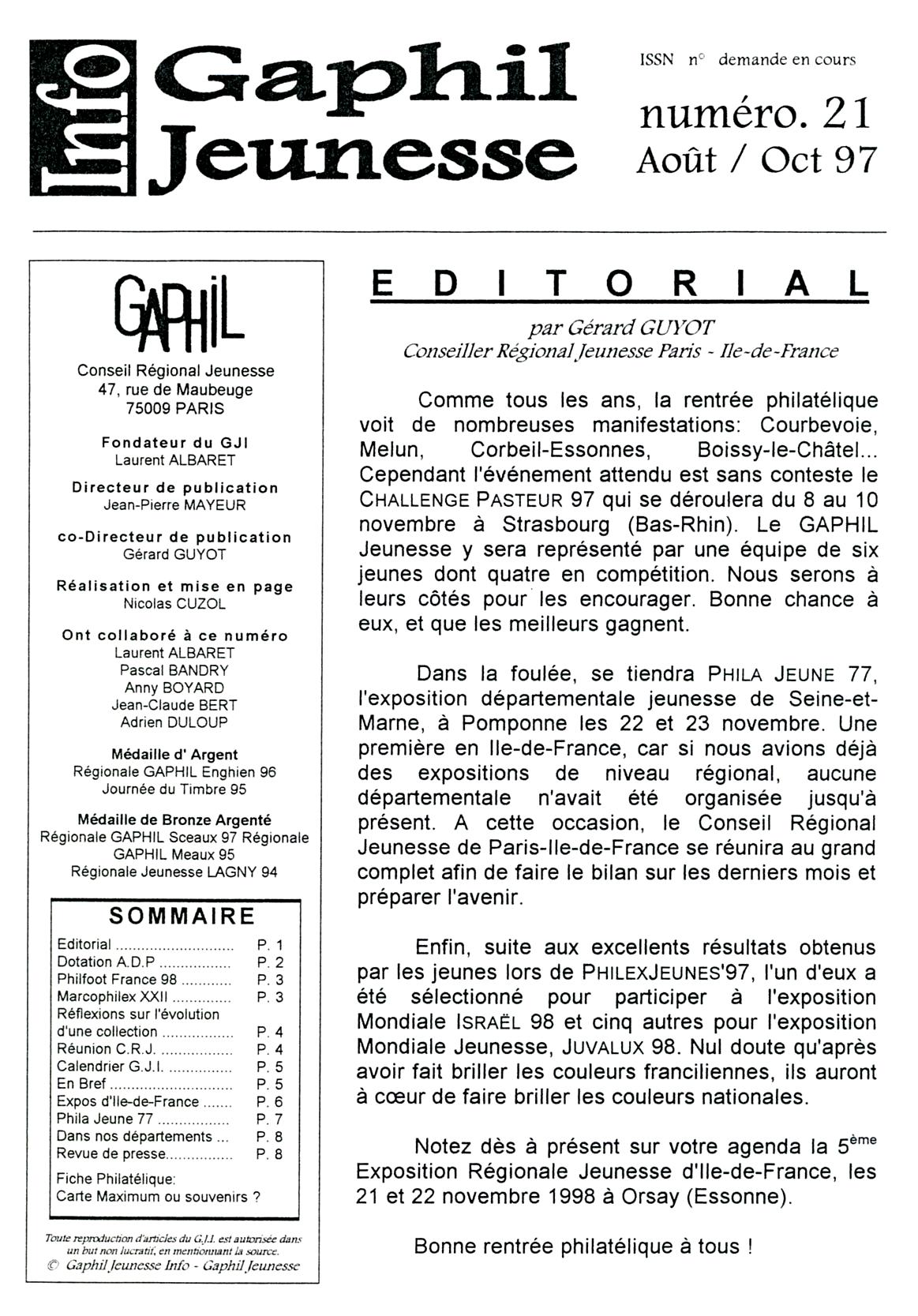GAPHIL Jeunesse Info n°21 d'août octobre 1997.