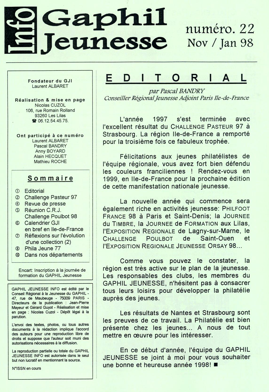 GAPHIL Jeunesse Info n°22 de novembre 1997 à janvier 1998.