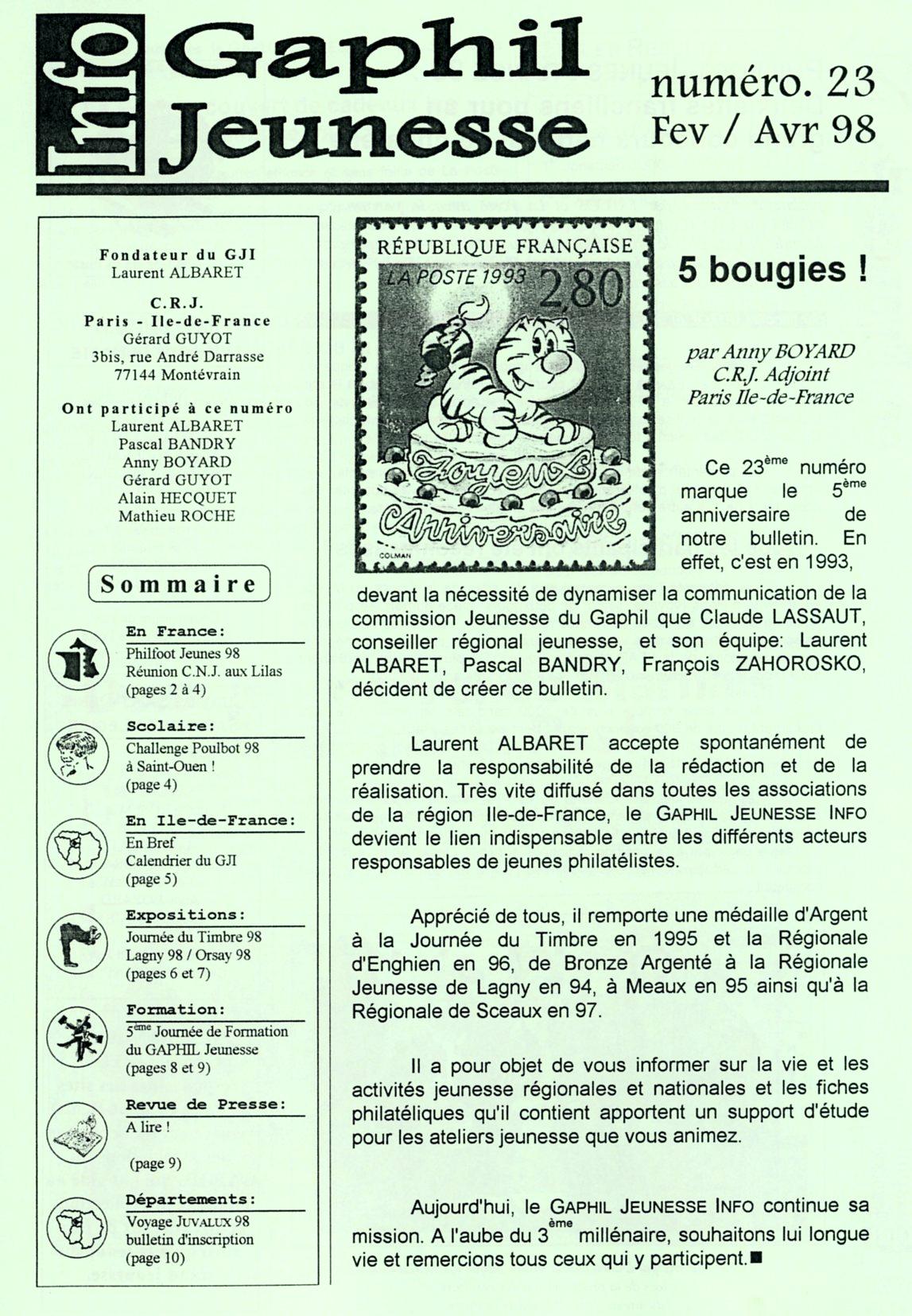 GAPHIL Jeunesse Info n°23 de février avril 1998.
