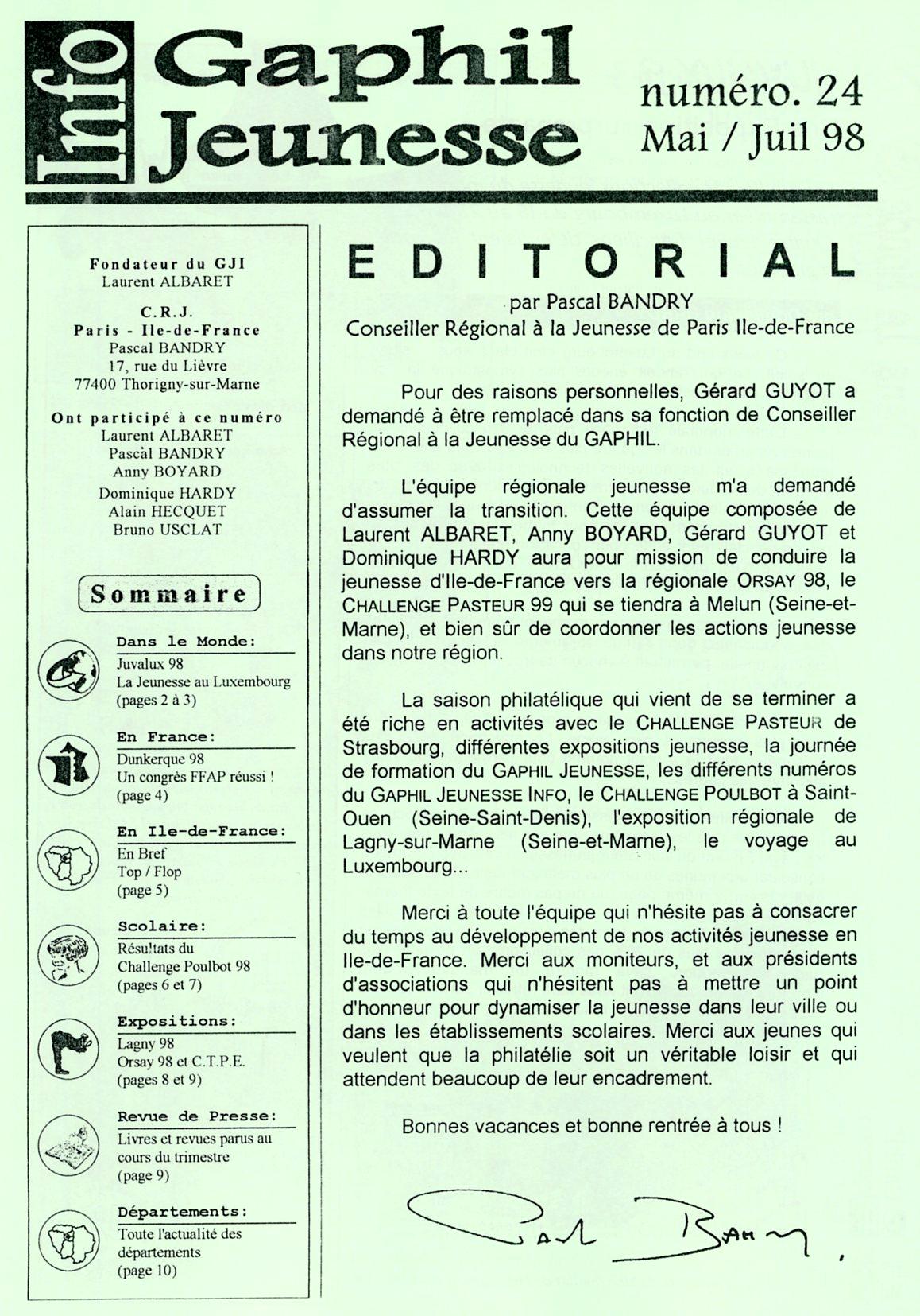 GAPHIL Jeunesse Info n°24 de mai juillet 1998.