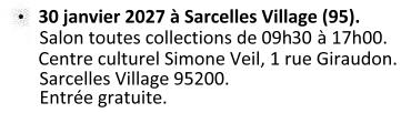 Le 30 janvier 2027 à Sarcelles Village (95). Salon toutes collections de 09h30 à 17h00. Entrée gratuite. Centre culturel Simone Veil, 1rue Giraudon Sarcelles Village 95200.